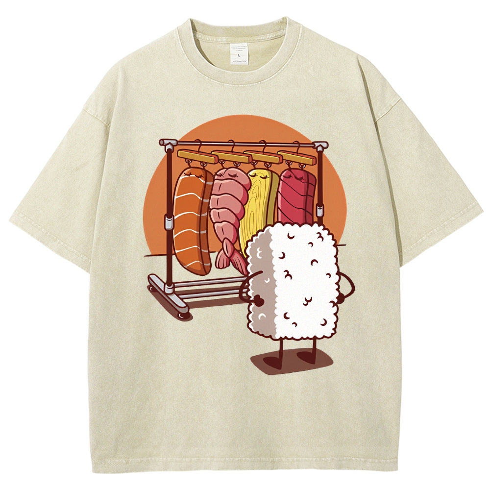 Unisex Sushi Printed Washed Tee