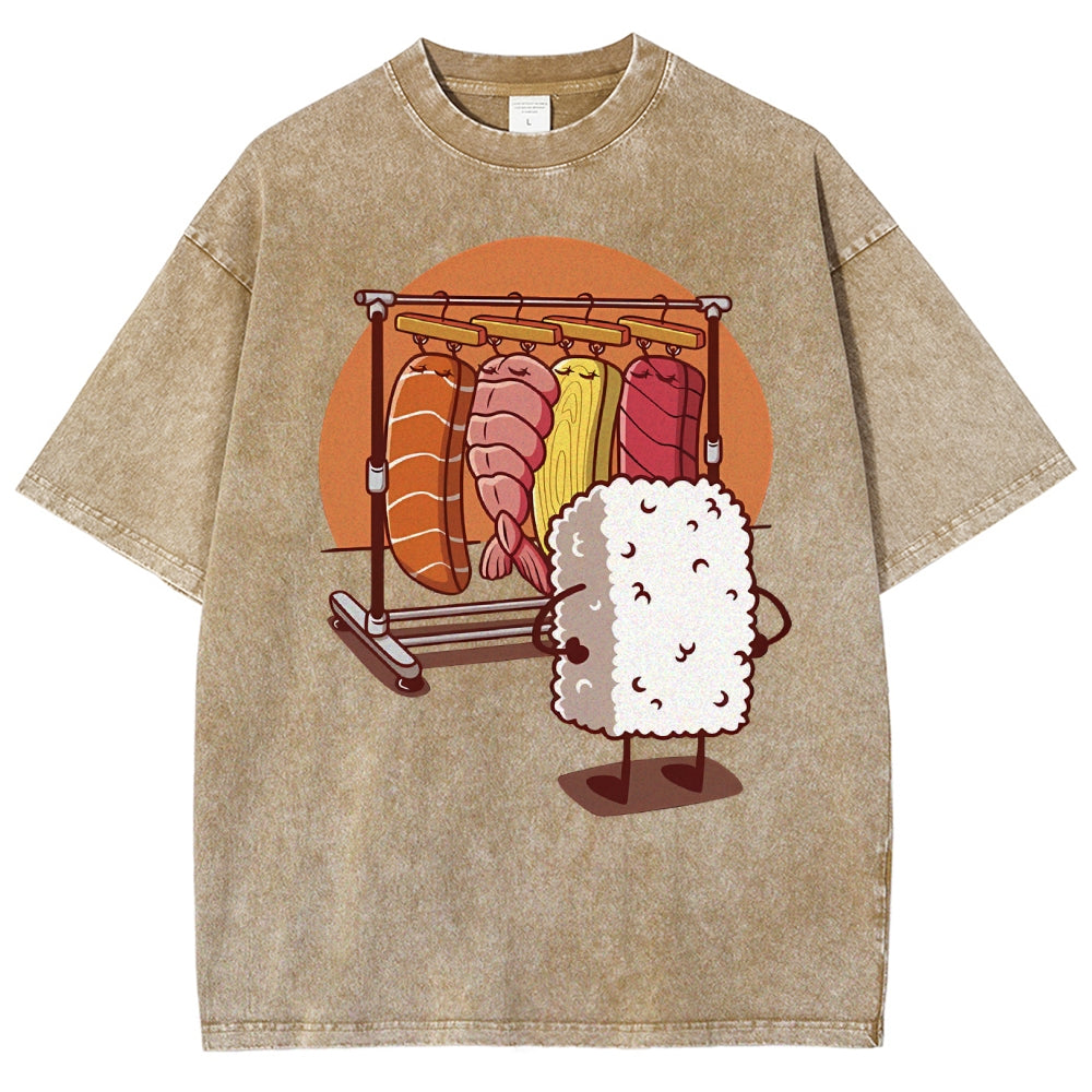 Unisex Sushi Printed Washed Tee