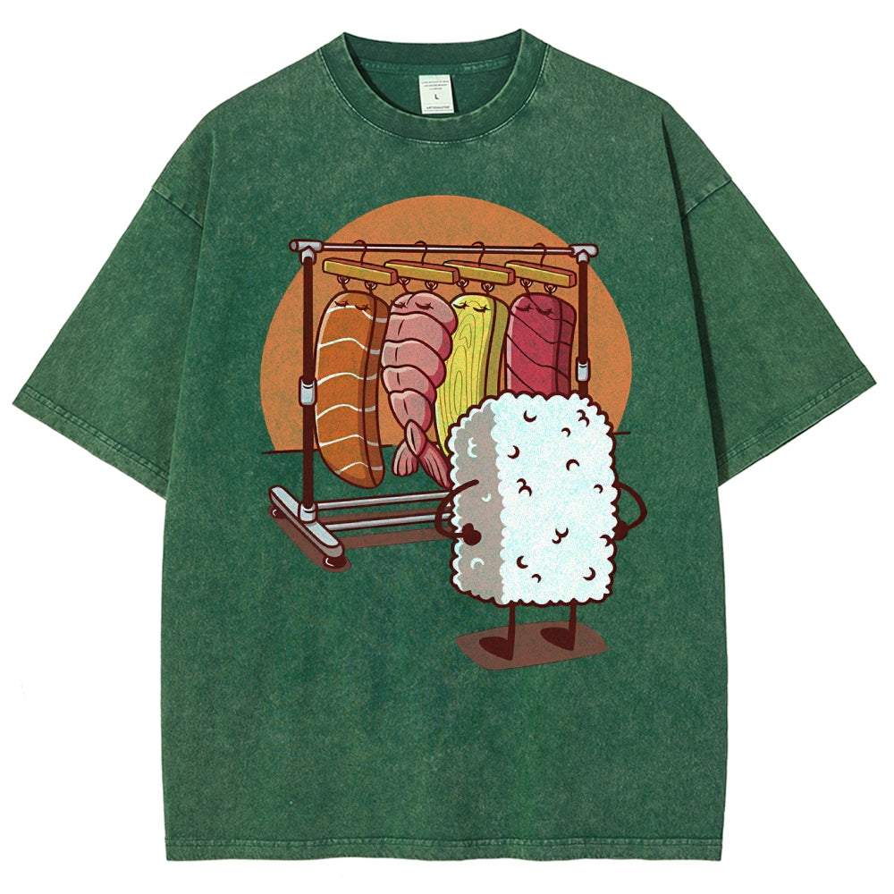 Unisex Sushi Printed Washed Tee