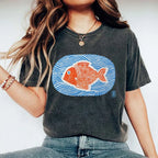 Unisex Japanese Style Wave Fish Printed Washed Tee