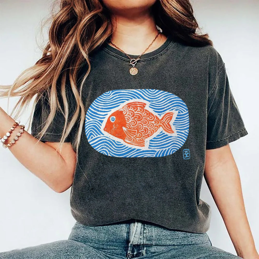 Unisex Japanese Style Wave Fish Printed Washed Tee
