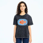 Unisex Japanese Style Wave Fish Printed Washed Tee