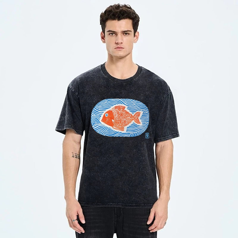 Unisex Japanese Style Wave Fish Printed Washed Tee