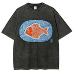 Unisex Japanese Style Wave Fish Printed Washed Tee