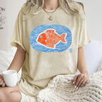 Unisex Japanese Style Wave Fish Printed Washed Tee