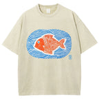 Unisex Japanese Style Wave Fish Printed Washed Tee