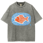 Unisex Japanese Style Wave Fish Printed Washed Tee