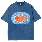 Unisex Japanese Style Wave Fish Printed Washed Tee