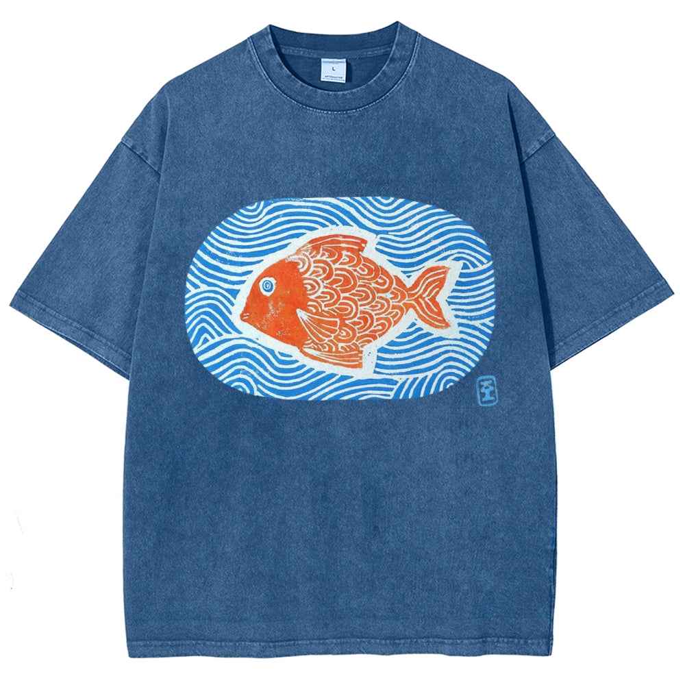 Unisex Japanese Style Wave Fish Printed Washed Tee