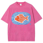 Unisex Japanese Style Wave Fish Printed Washed Tee