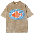 Unisex Japanese Style Wave Fish Printed Washed Tee