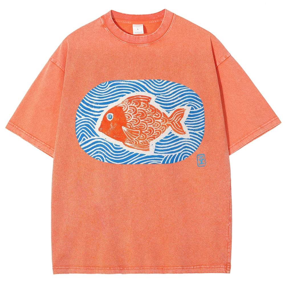 Unisex Japanese Style Wave Fish Printed Washed Tee