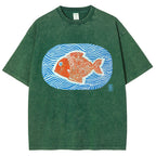 Unisex Japanese Style Wave Fish Printed Washed Tee