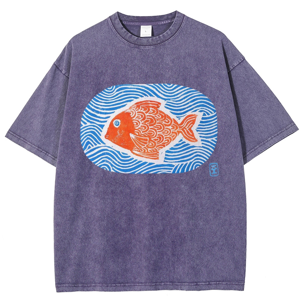Unisex Japanese Style Wave Fish Printed Washed Tee
