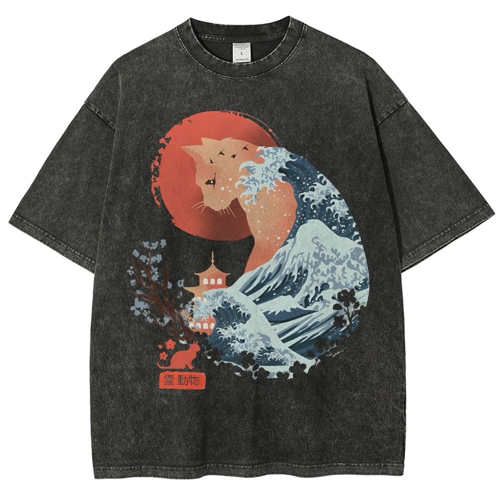 Unisex Japanese Wave Leopard Printed Washed Tee