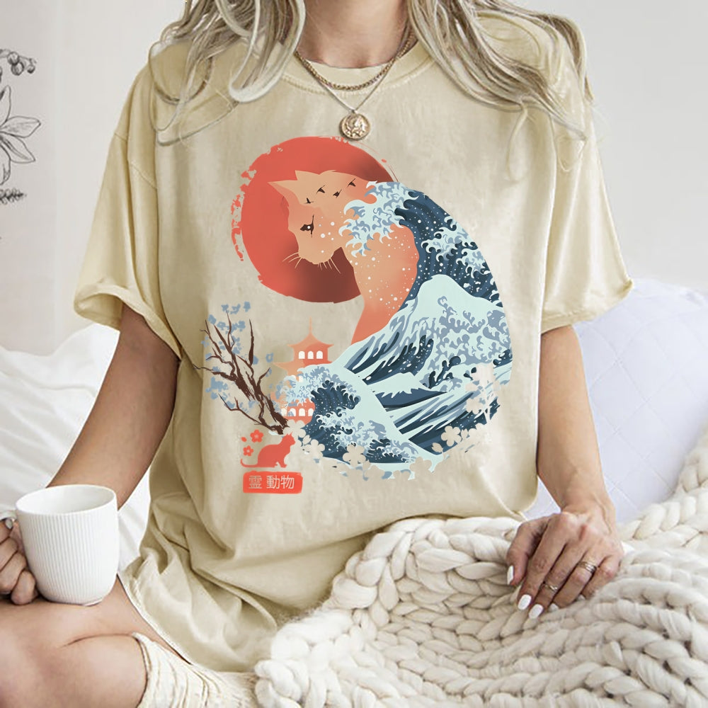 Unisex Japanese Wave Leopard Printed Washed Tee