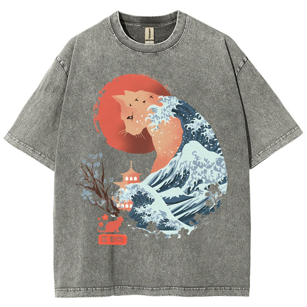 Unisex Japanese Wave Leopard Printed Washed Tee