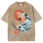 Unisex Japanese Wave Leopard Printed Washed Tee