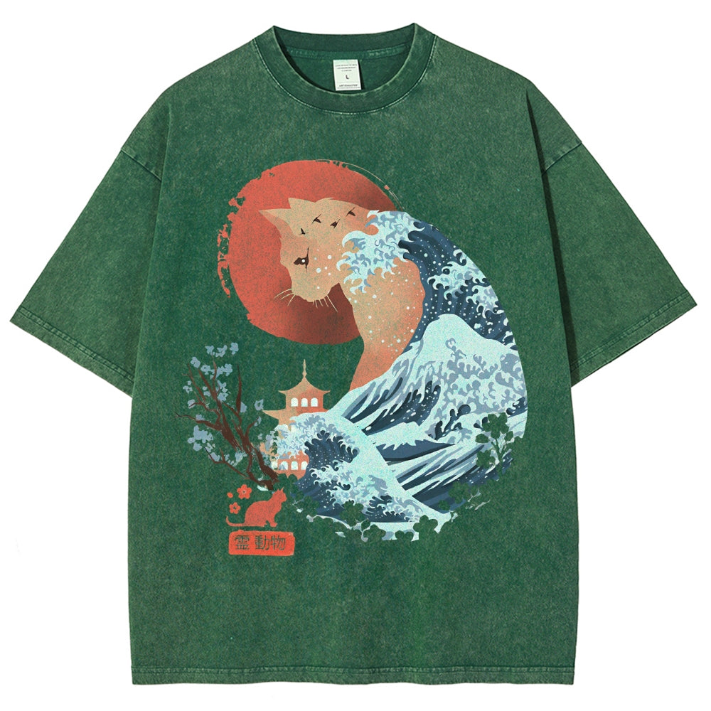 Unisex Japanese Wave Leopard Printed Washed Tee