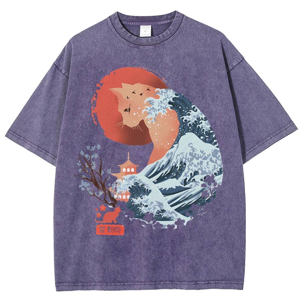 Unisex Japanese Wave Leopard Printed Washed Tee