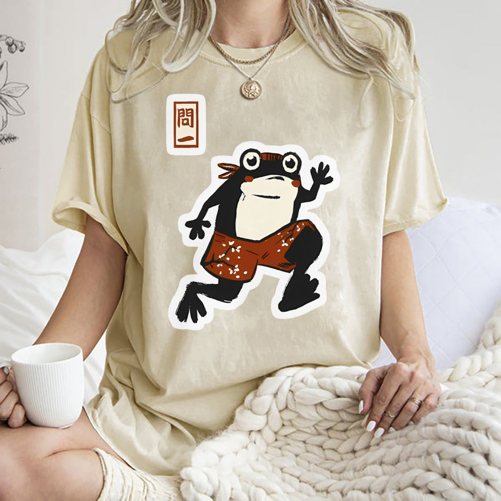 Unisex Japanese Style Frog Printed Washed Tee