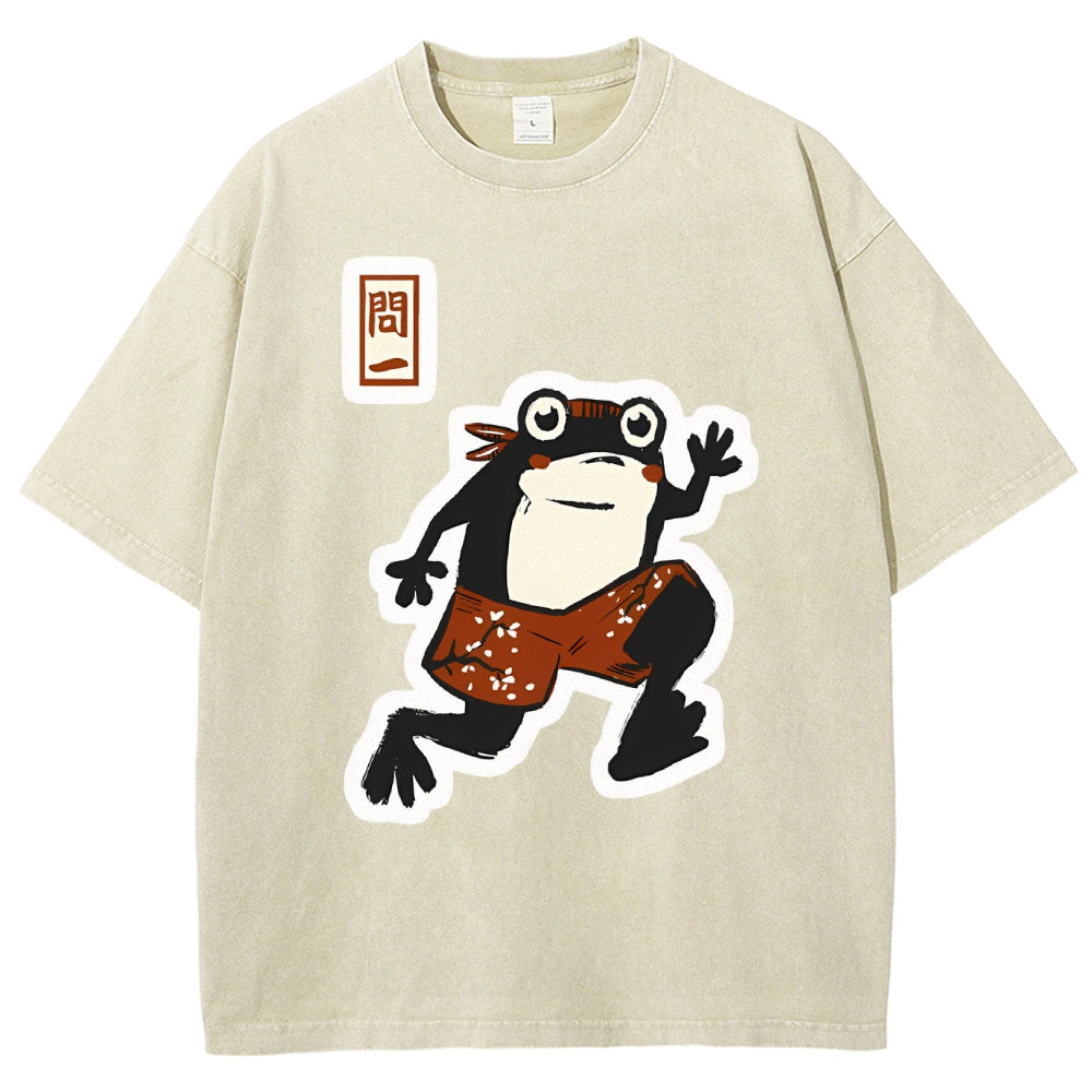 Unisex Japanese Style Frog Printed Washed Tee
