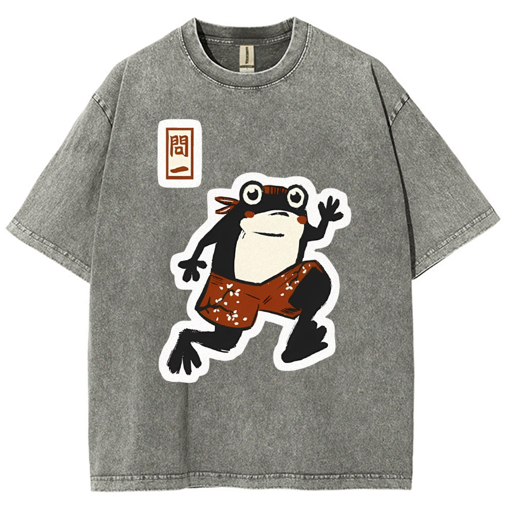 Unisex Japanese Style Frog Printed Washed Tee