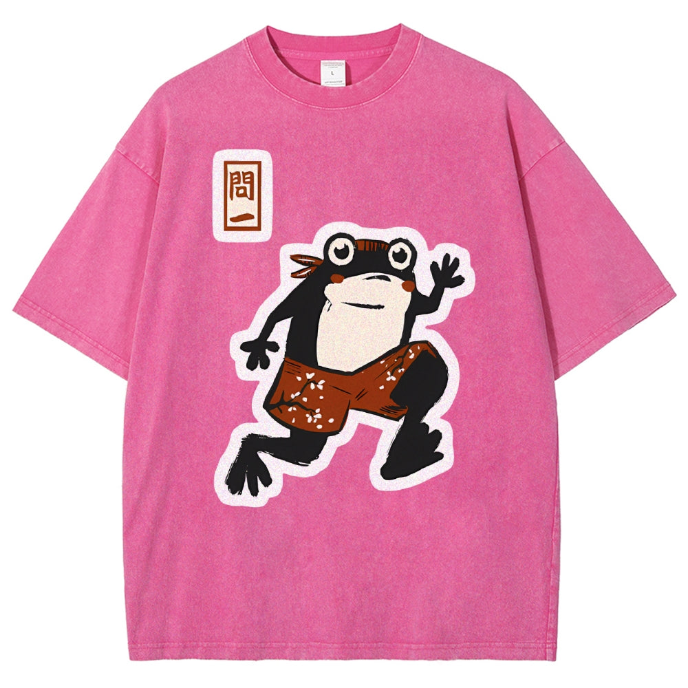 Unisex Japanese Style Frog Printed Washed Tee