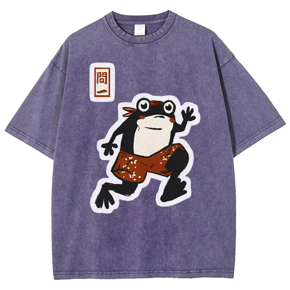 Unisex Japanese Style Frog Printed Washed Tee