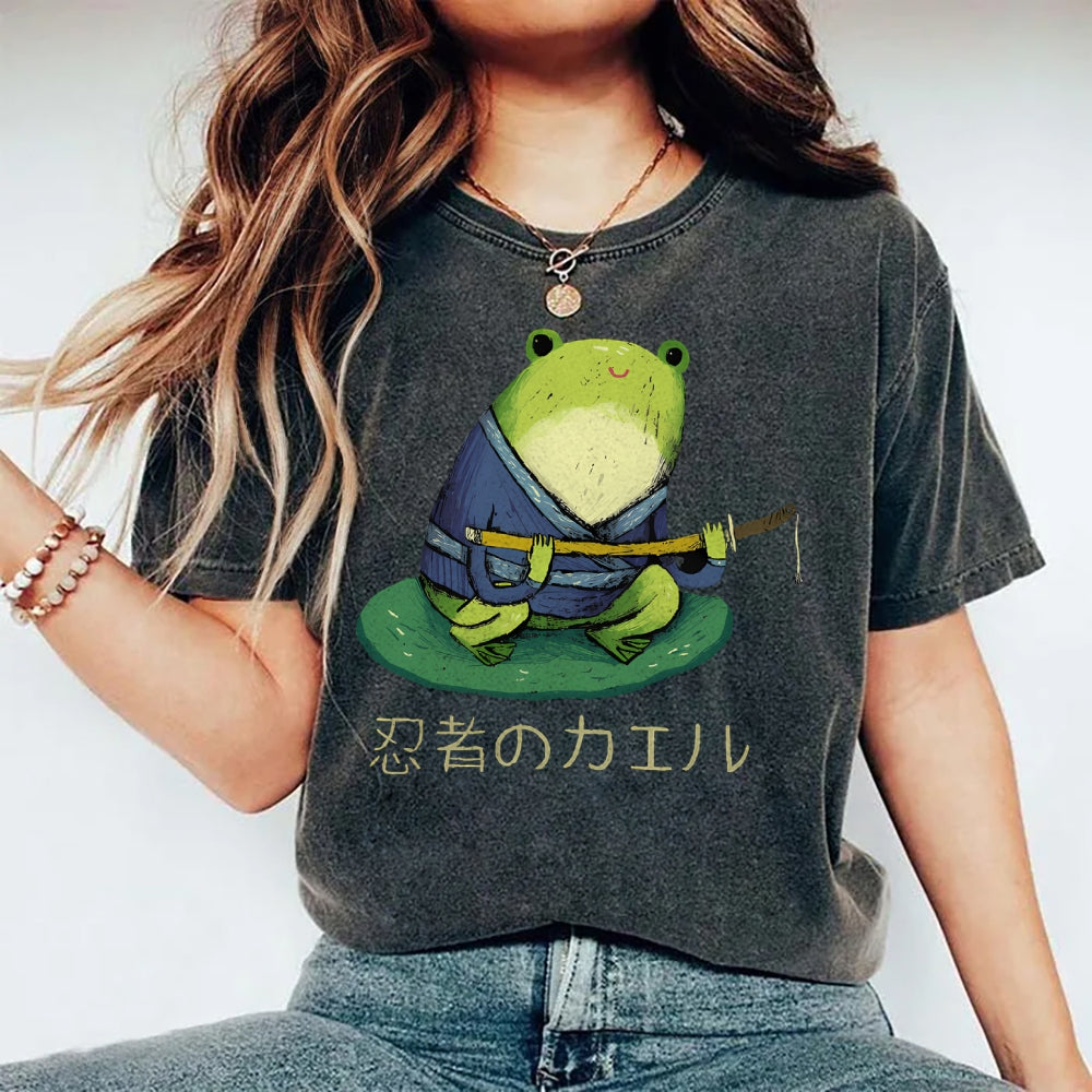 Unisex Japanese Style Frog Printed Washed Tee