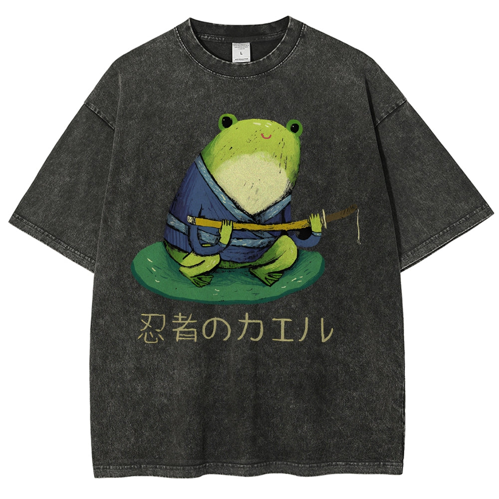 Unisex Japanese Style Frog Printed Washed Tee