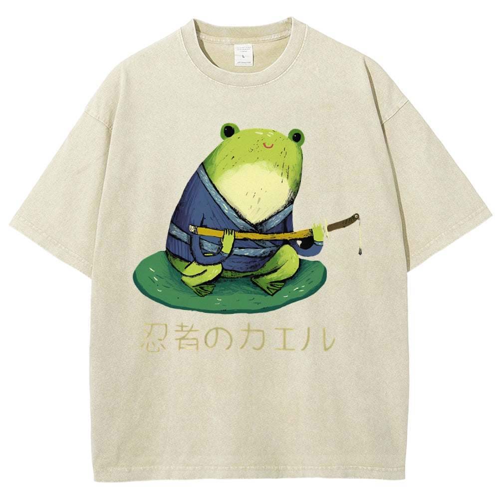 Unisex Japanese Style Frog Printed Washed Tee