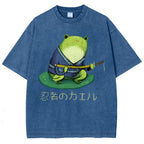Unisex Japanese Style Frog Printed Washed Tee