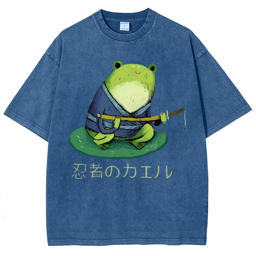 Unisex Japanese Style Frog Printed Washed Tee