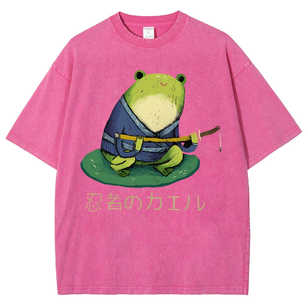 Unisex Japanese Style Frog Printed Washed Tee