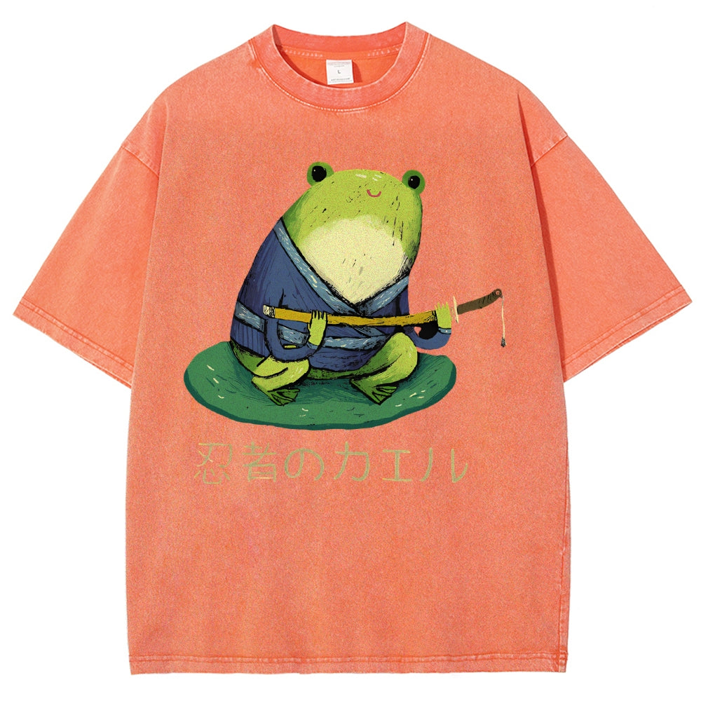 Unisex Japanese Style Frog Printed Washed Tee