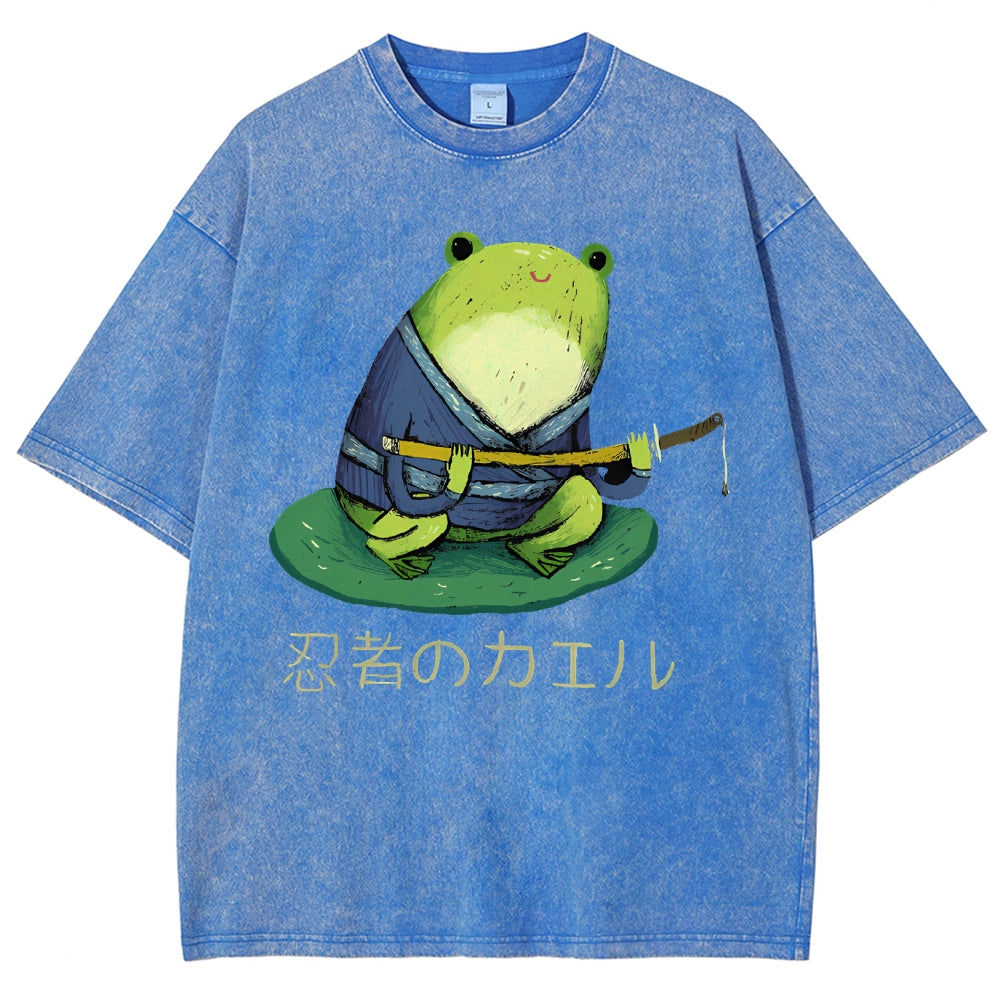 Unisex Japanese Style Frog Printed Washed Tee