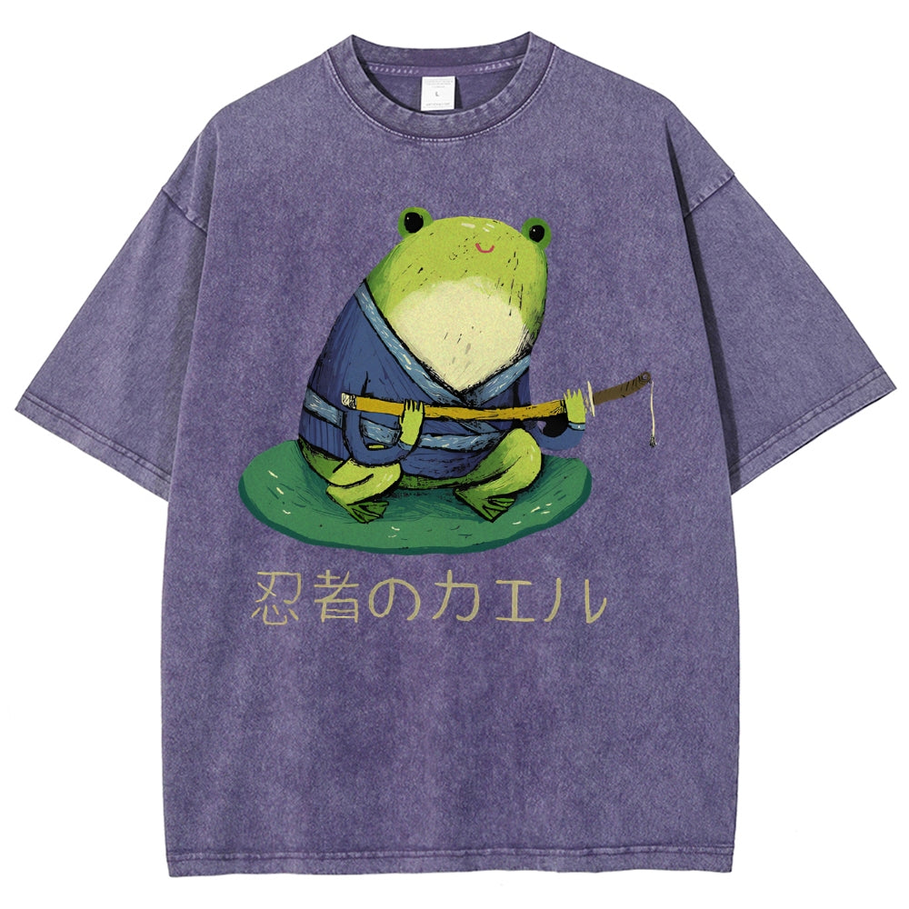 Unisex Japanese Style Frog Printed Washed Tee