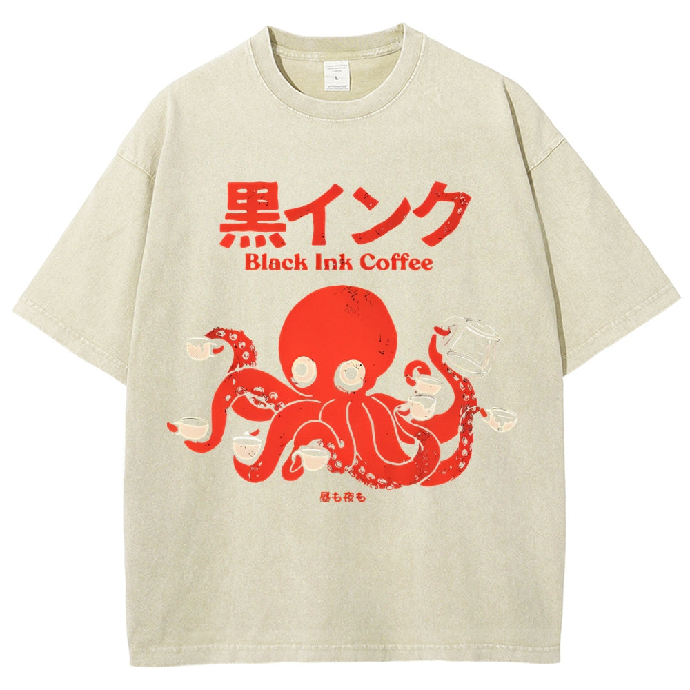 Unisex Japanese Octopus Printed Washed Tee