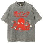Unisex Japanese Octopus Printed Washed Tee