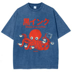 Unisex Japanese Octopus Printed Washed Tee