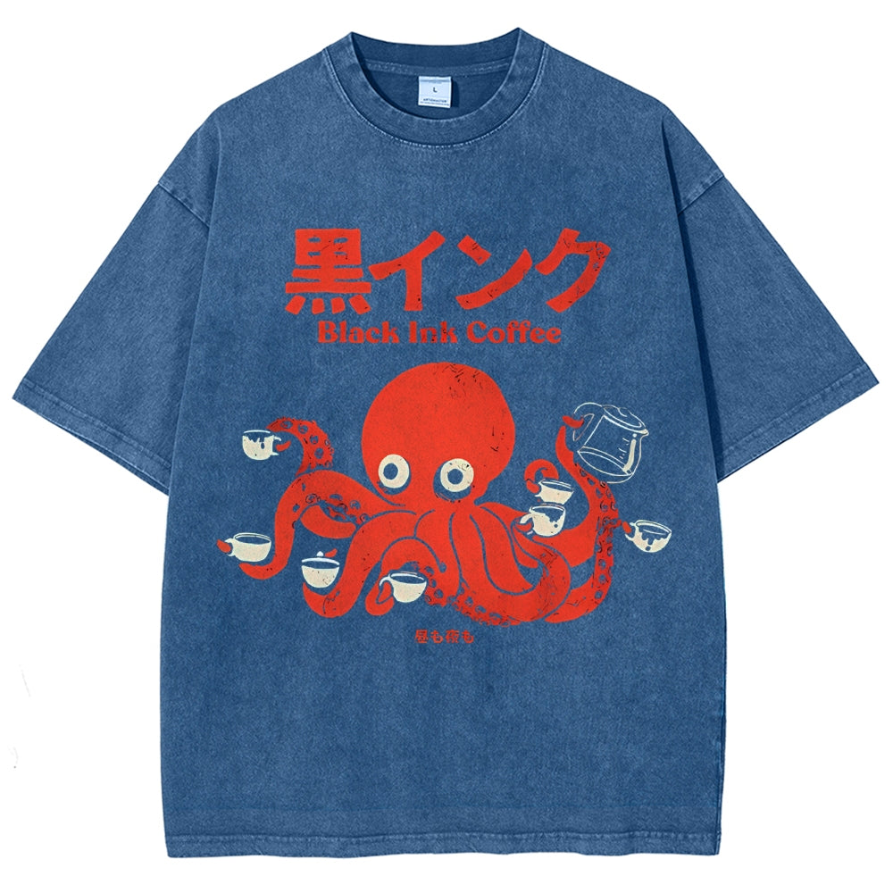 Unisex Japanese Octopus Printed Washed Tee