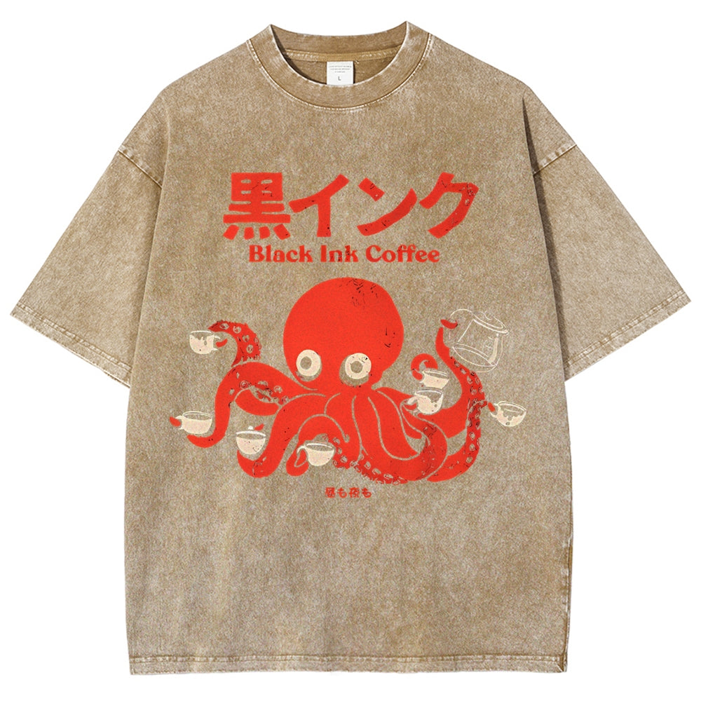 Unisex Japanese Octopus Printed Washed Tee