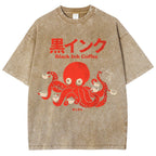 Unisex Japanese Octopus Printed Washed Tee