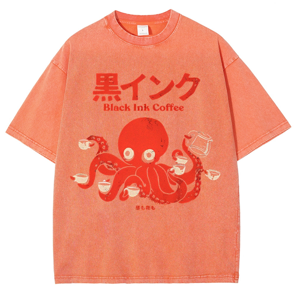 Unisex Japanese Octopus Printed Washed Tee