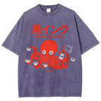 Unisex Japanese Octopus Printed Washed Tee