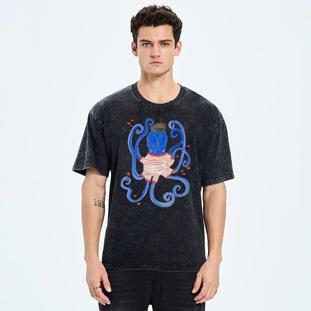 Unisex Octopus And Fish Printed Washed Tee