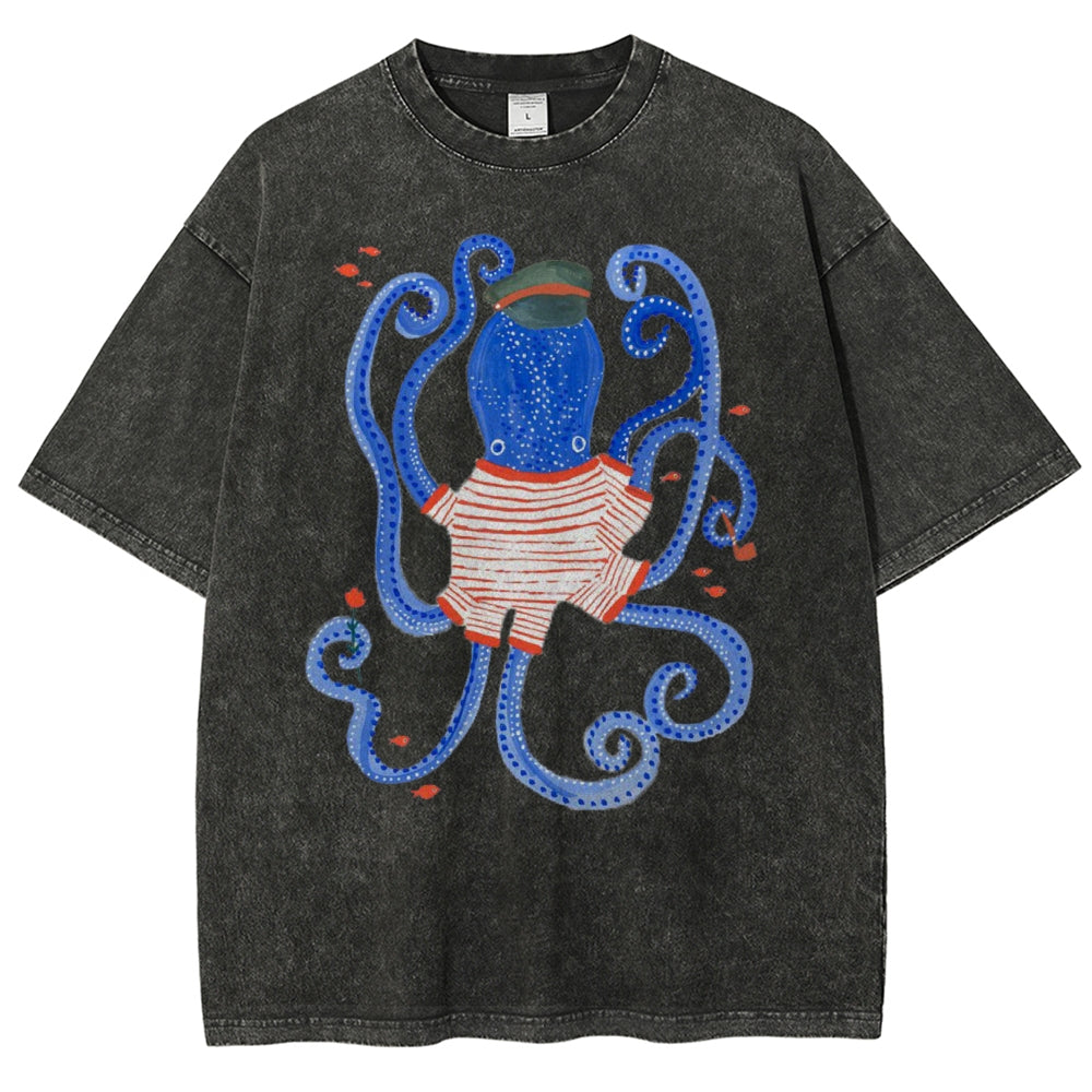 Unisex Octopus And Fish Printed Washed Tee
