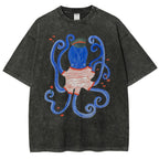Unisex Octopus And Fish Printed Washed Tee