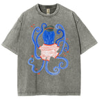 Unisex Octopus And Fish Printed Washed Tee